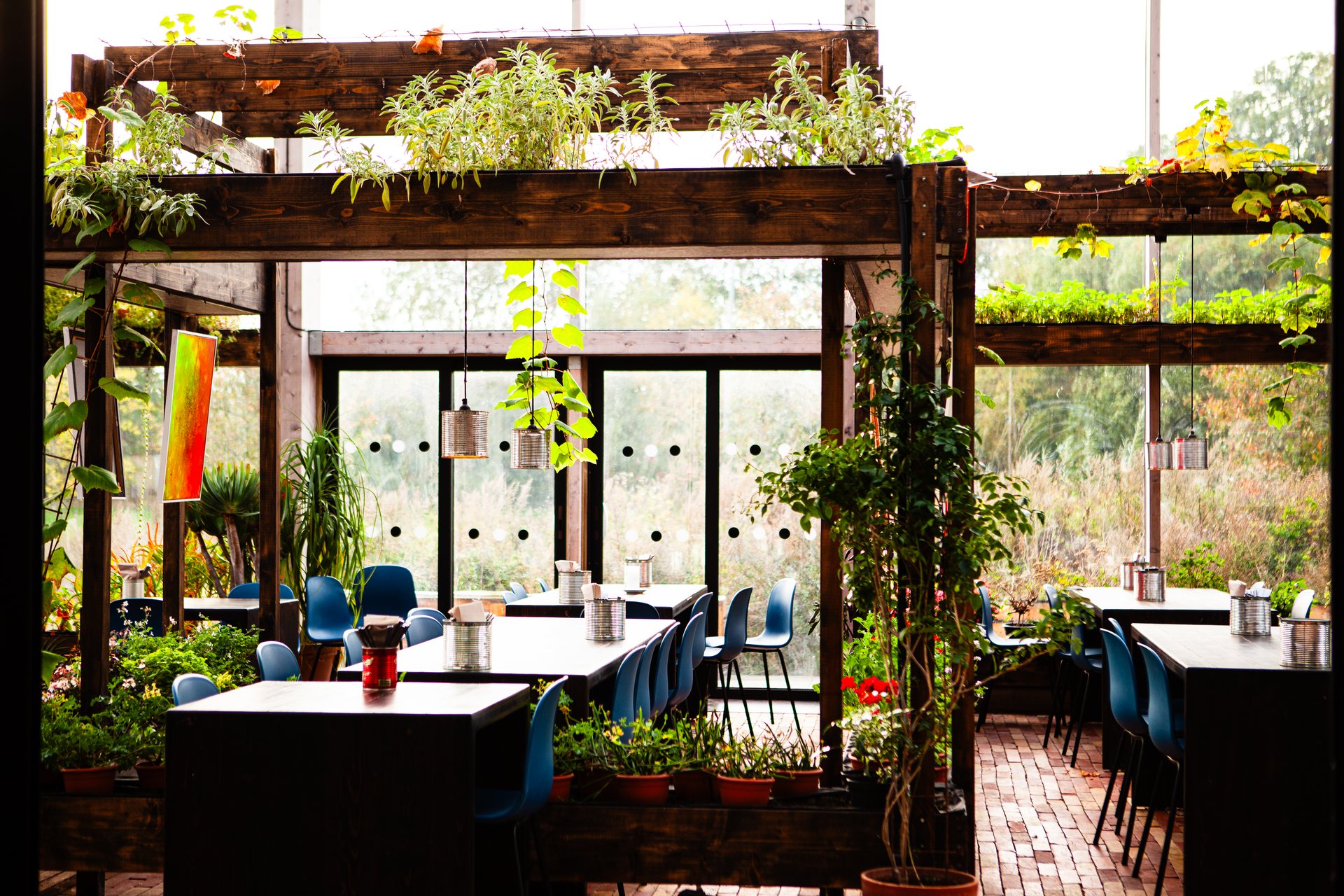 Laid tables among the plants inside the greenhouse